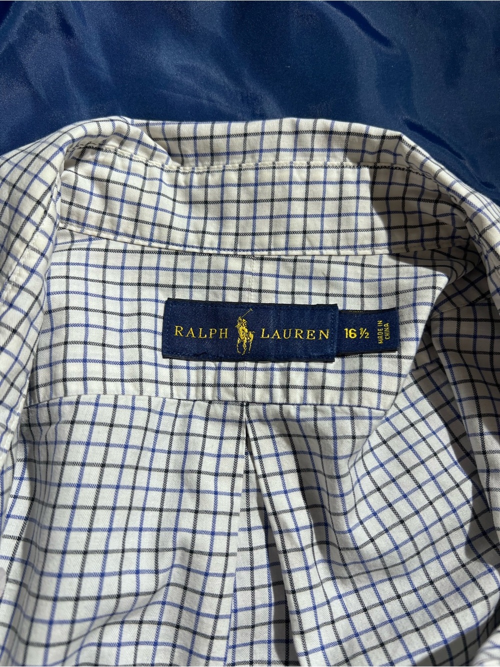 Ralph Lauren Men’s Large White Shirt with Blue Check Windowpane Pattern